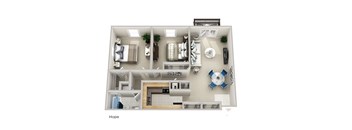 a stylized floor plan with a bedroom and a living room